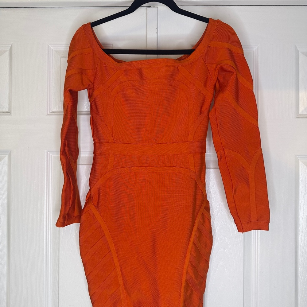 Celeb Boutique House of CB Orange Bandage Bodycon Dress Size Large Long Sleeve